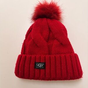 UGG Red Cable Knit Pom Beanie